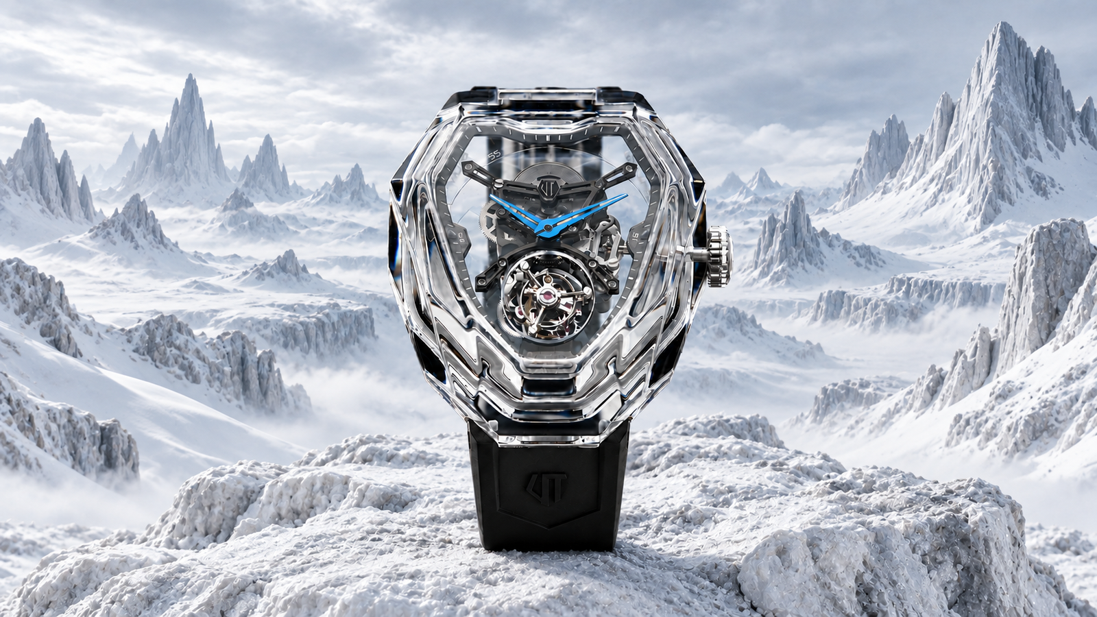 Clear crystal VETRON D89 watch on white mineral terrain surrounded by otherworldly white mountains
