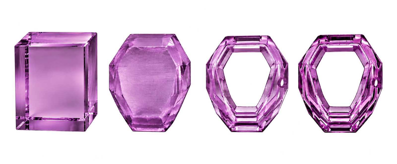 Four stages of the purple crystal case, from a solid blank to the finished faceted case