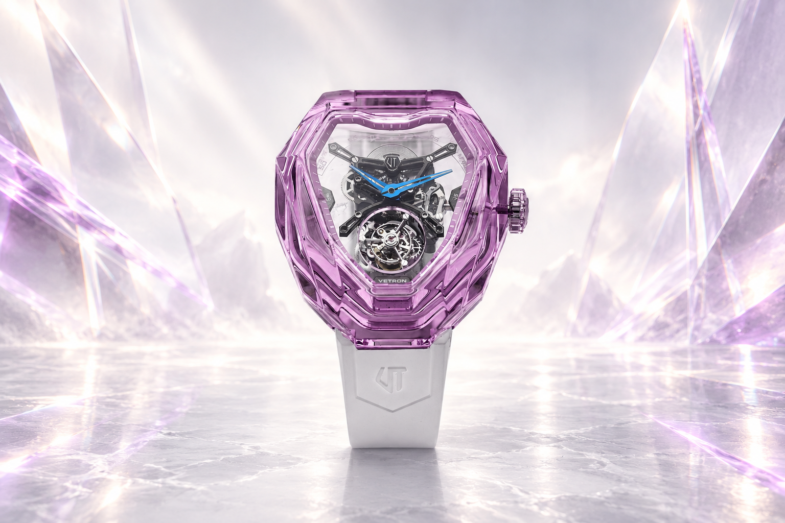 Purple VETRON watch in an ivory crystal landscape with soft violet refracted light