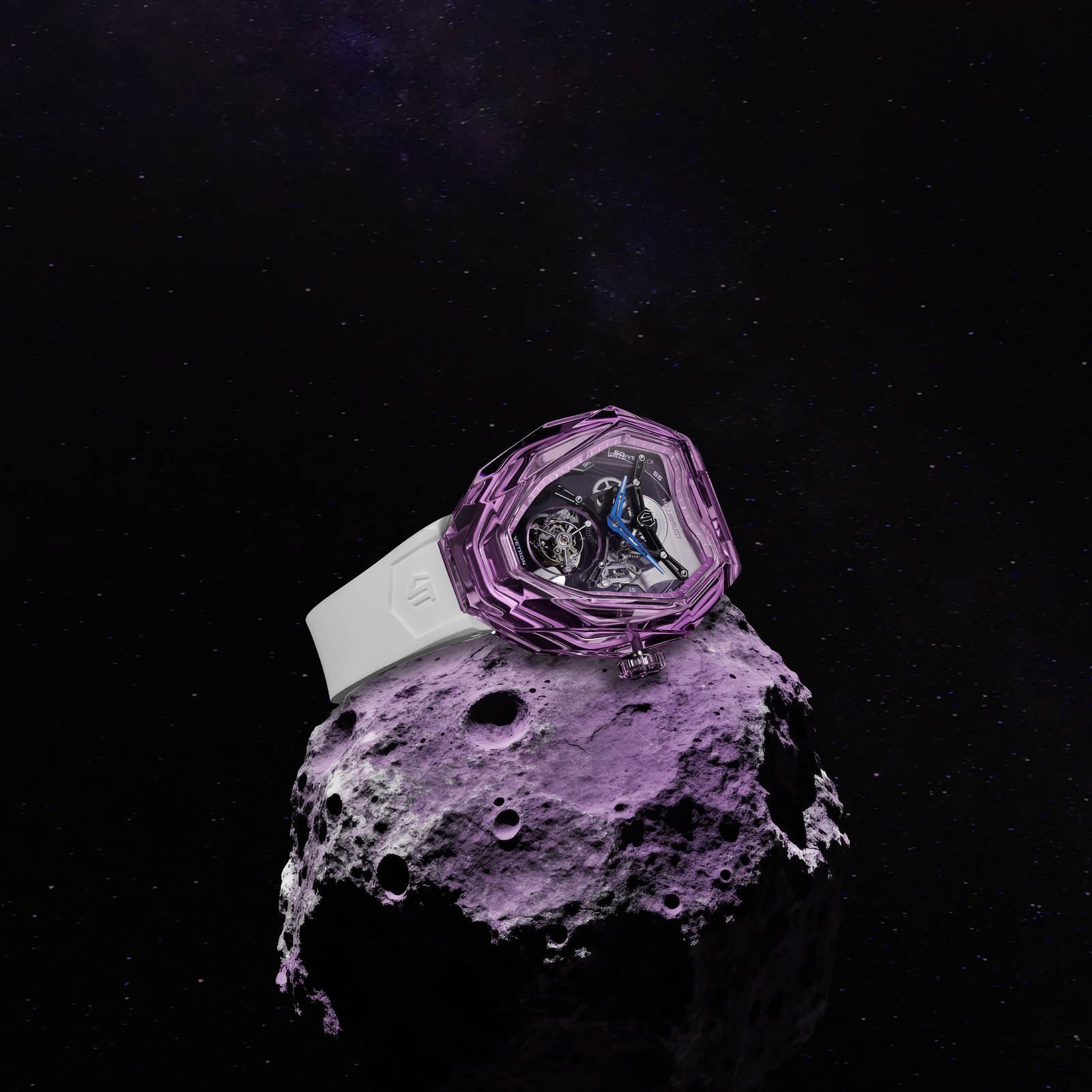 Purple crystal VETRON watch resting on a meteorite against a star-filled dark background