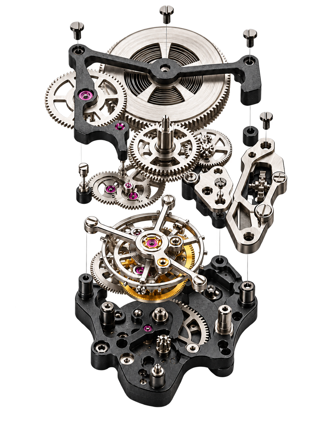 Exploded view of the movement with bridges, gears, screws and tourbillon isolated over black