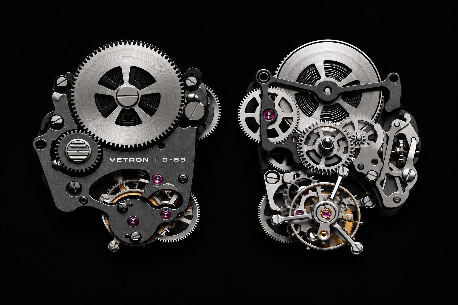 Front and rear of the D89 manual-winding tourbillon movement on a black matte tabletop
