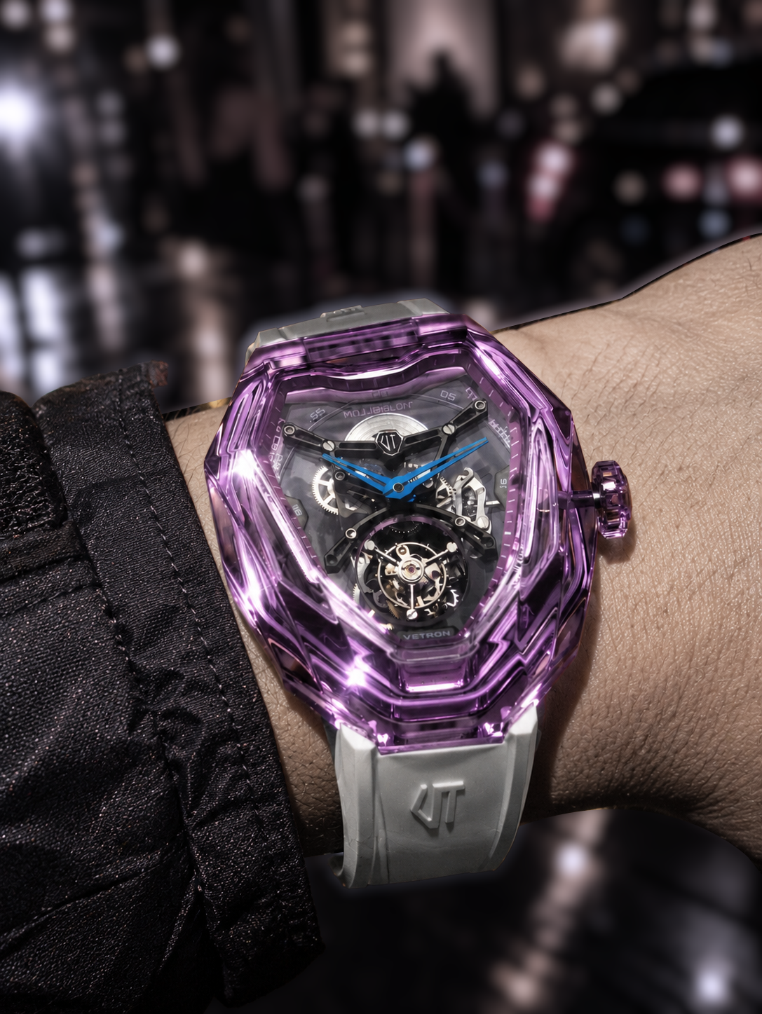 Purple VETRON D89 tourbillon watch worn on the wrist