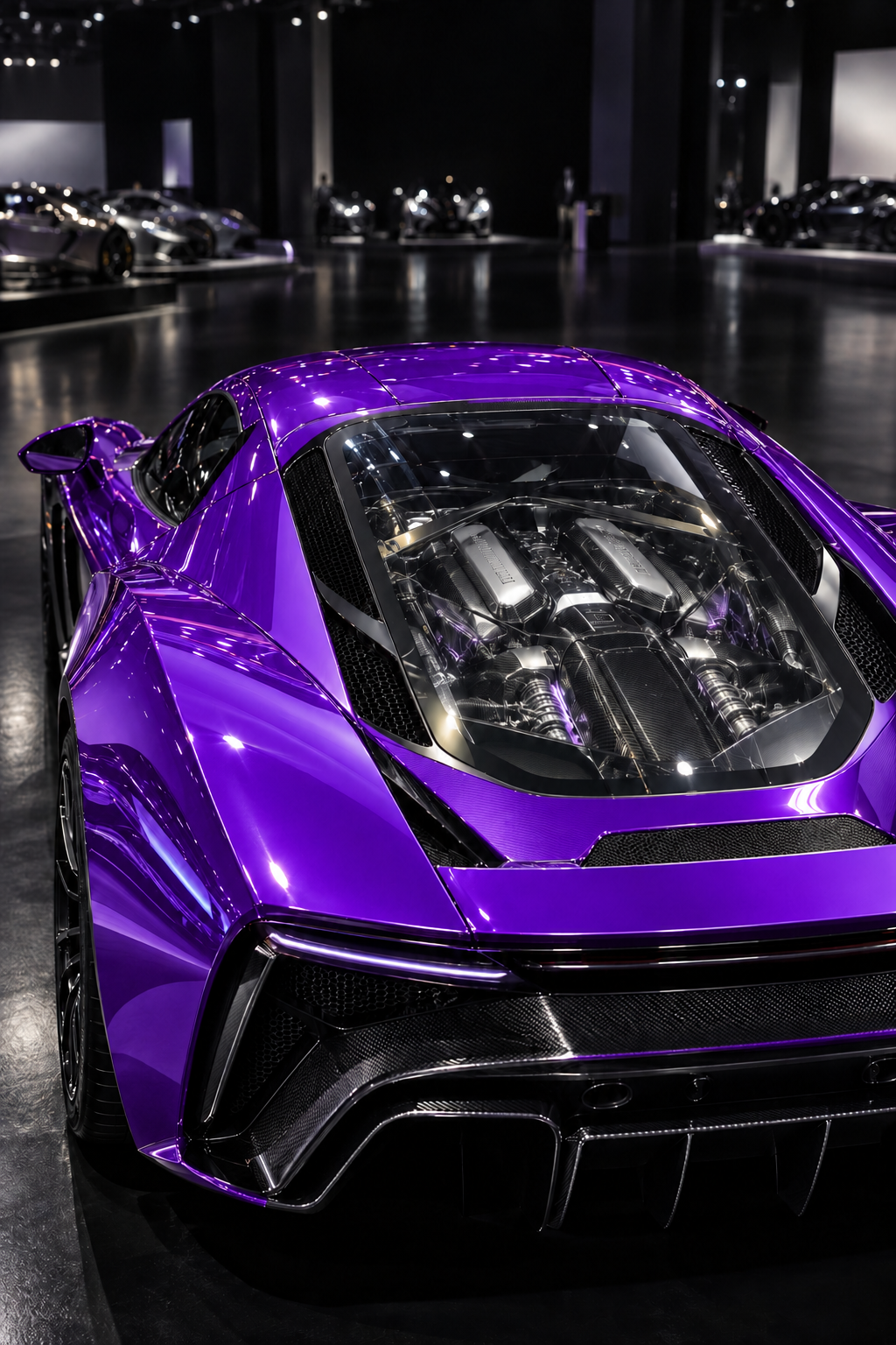 A purple mid-engine performance car at a dark exhibition, with its precision engine visible beneath a closed transparent glass cover